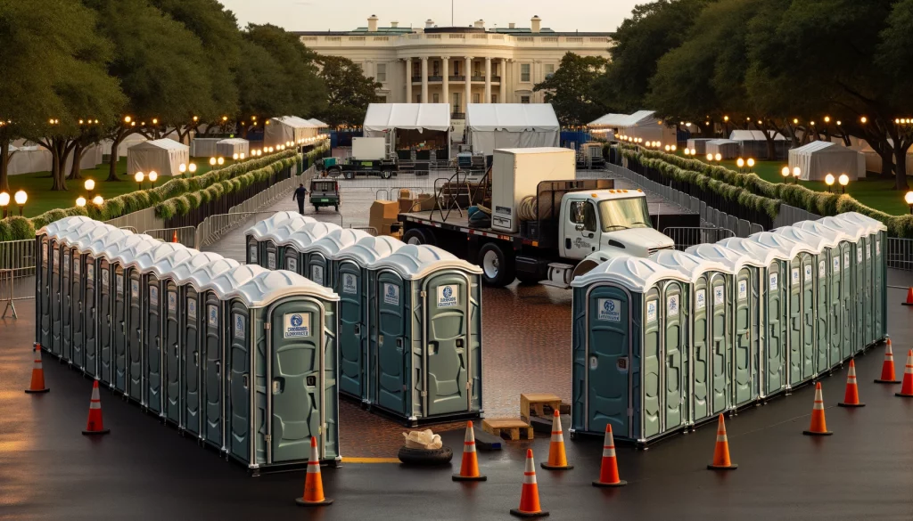 Festival porta potty bank with barricades in Easton, Pennsylvania